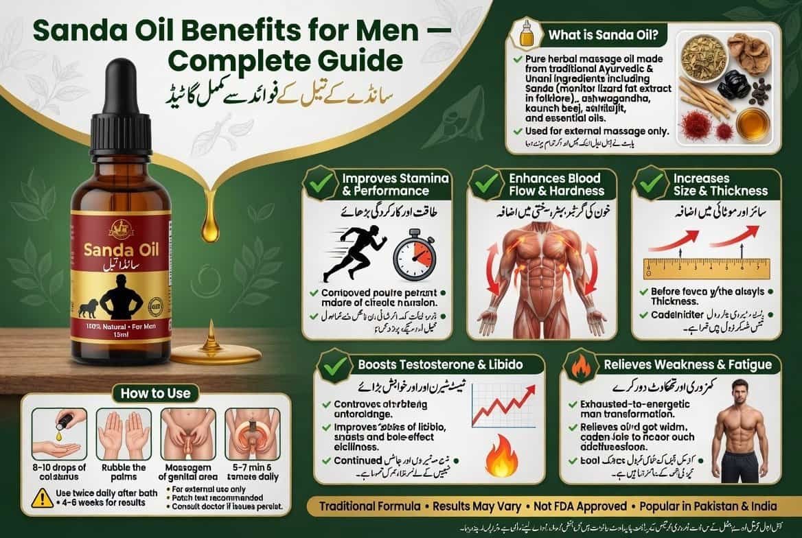 Infographic showing Sanda Oil benefits for men including stamina, blood flow, and testosterone enhancement.