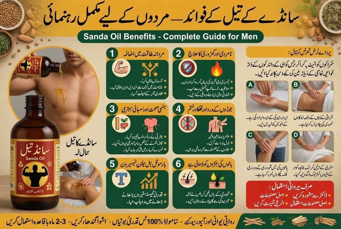 Informative Sanda oil benefits infographic for men featuring bottle packaging and natural massage application.